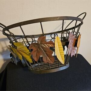 Fall themed metal basket Multi-colored leaves 10 inches